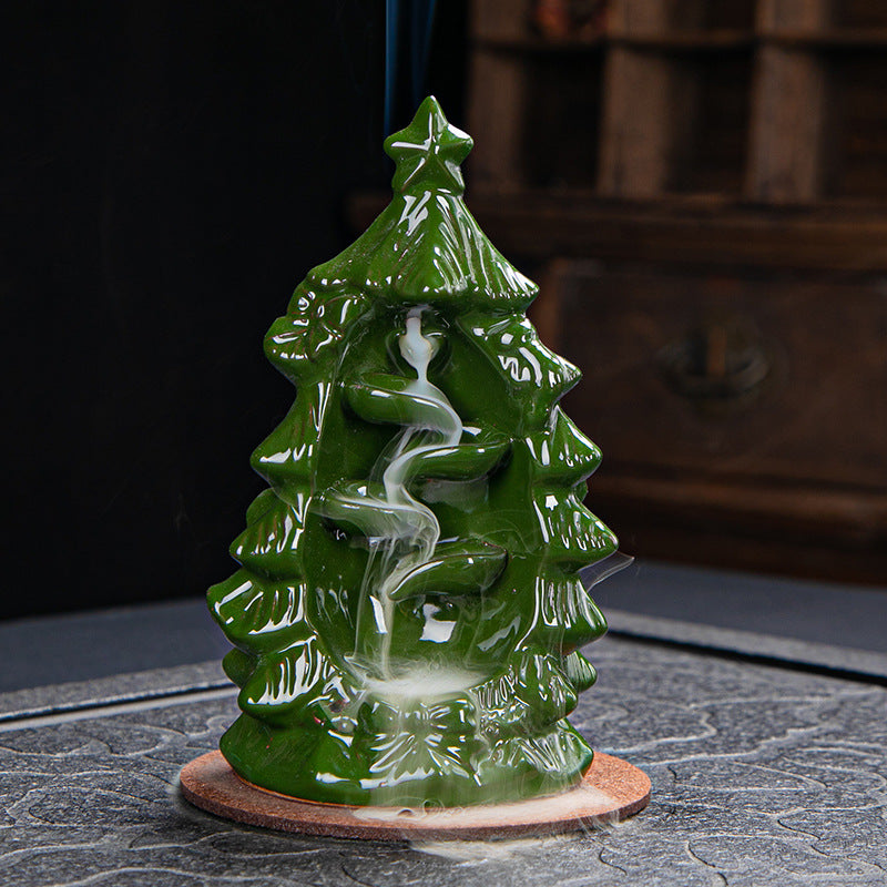 Holiday Christmas Tree Backflow Incense Burner, Multi-Color Ceramic Burner with Sandalwood Cones