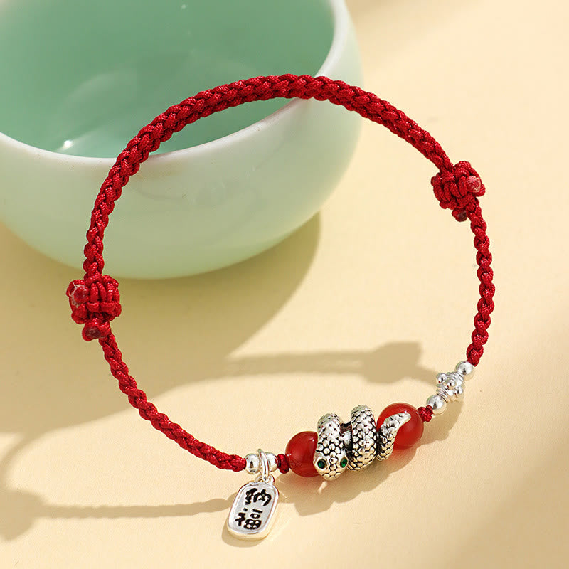 ShopZenMa Fu Character Agate Year Of The Snake Lucky Fortune Charm String Luck Bracelet