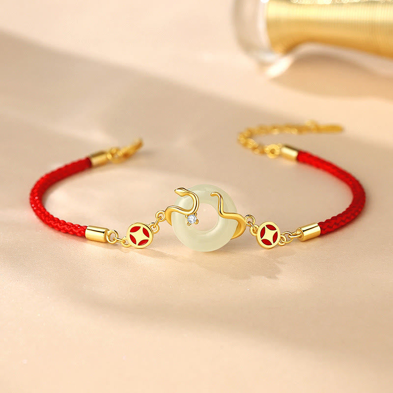 ShopZenma Hetian Jade Chalcedony Peace Buckle Coin 925 Sterling Silver Year Of The Snake Red String Prosperity Bracelet