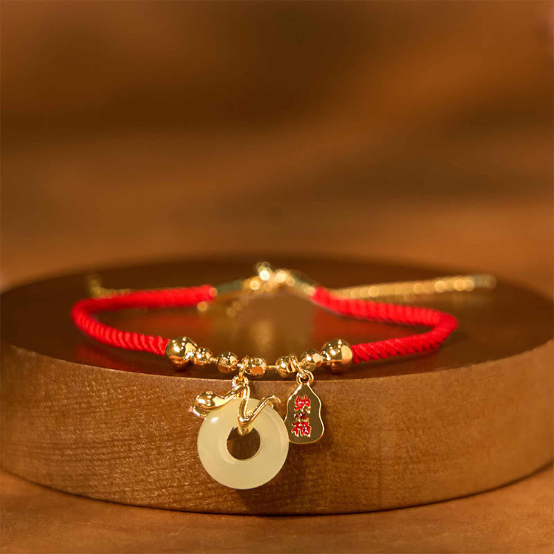 ShopZenMa Copper Plated Gold Jade Peace Buckle Fu Character Year Of The Snake Red String Luck Bracelet