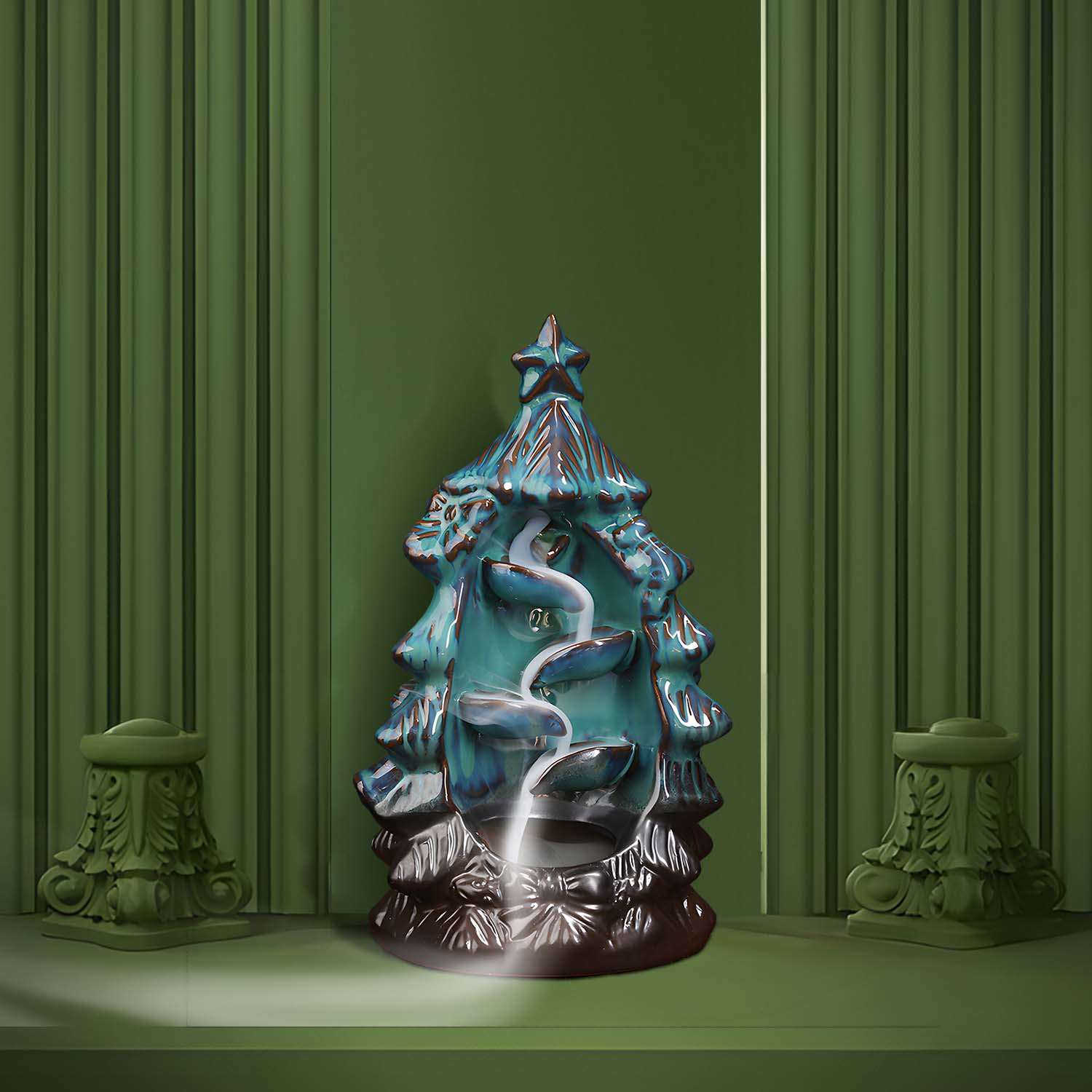 Christmas tree waterfall incense burner, sandalwood cone ceramic design, Best choice for home Christmas decoration