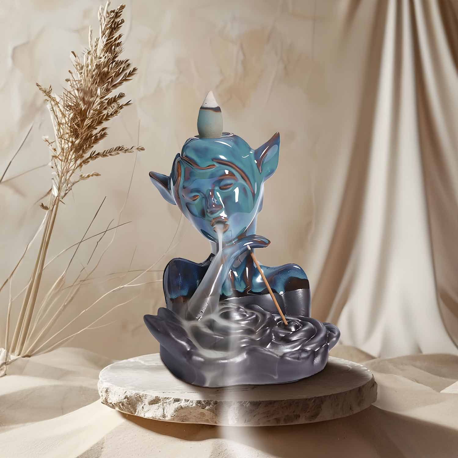 Blue Elf Maiden Ceramic Smoke Backflow and Waterfall Head Incense Fountain Burner