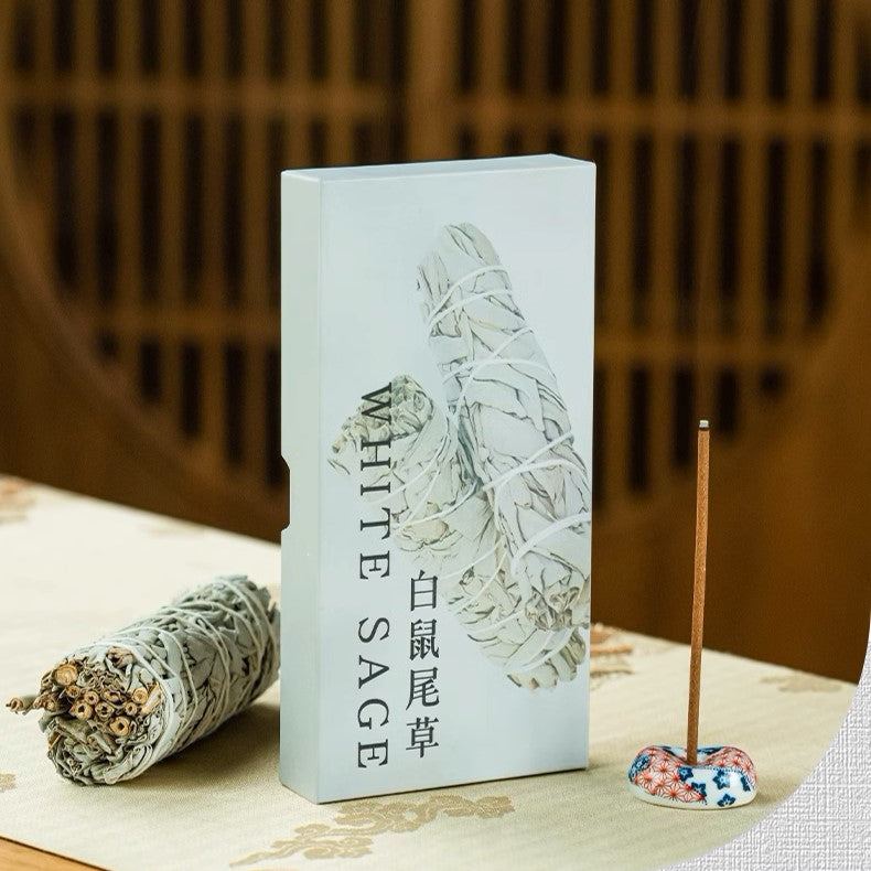 The Fragrance of Plants - White Sage Palo Santo - Handmade Short Thick Incense Stick Box of 30 Pcs - Free Flower Incense Holder Travel Carrying Case - Buy 2 Get 1 Free