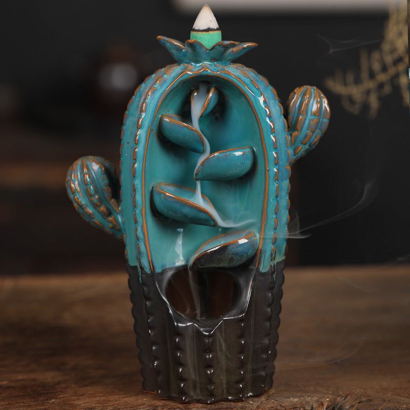 Cactus Backflow Incense Burner Smoke flows left and right Ceramic Incense Arrangement