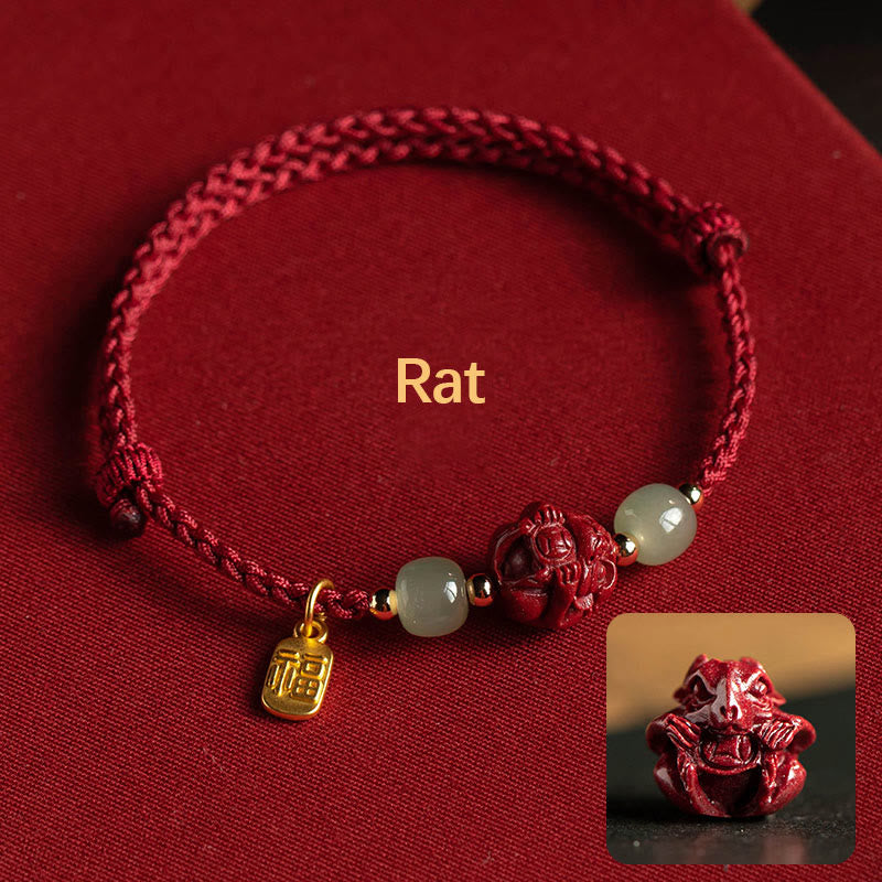 Shopzenma Natural Cinnabar Zodiac Hetian Jade Fu Character Luck Rope Bracelet