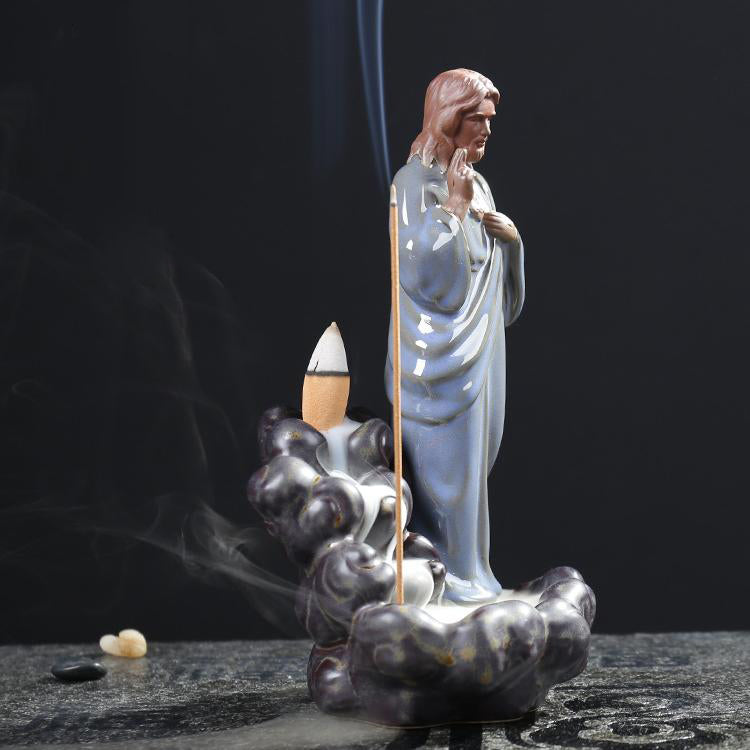 Jesus Christ Backflow Incense Burner, Ceramic Statue Virgin