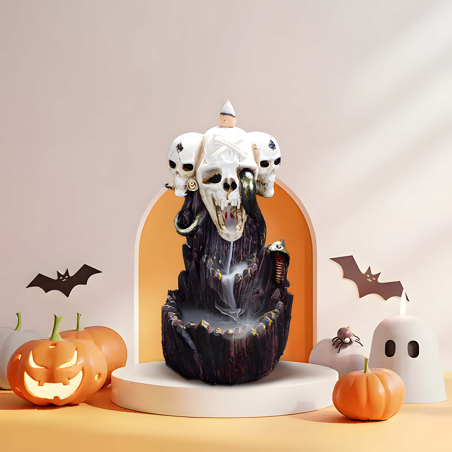 Halloween Skull Waterfall Incense Burner, Resin Sandalwood Backflow Holder for Horror Skeleton-Themed Party Decor