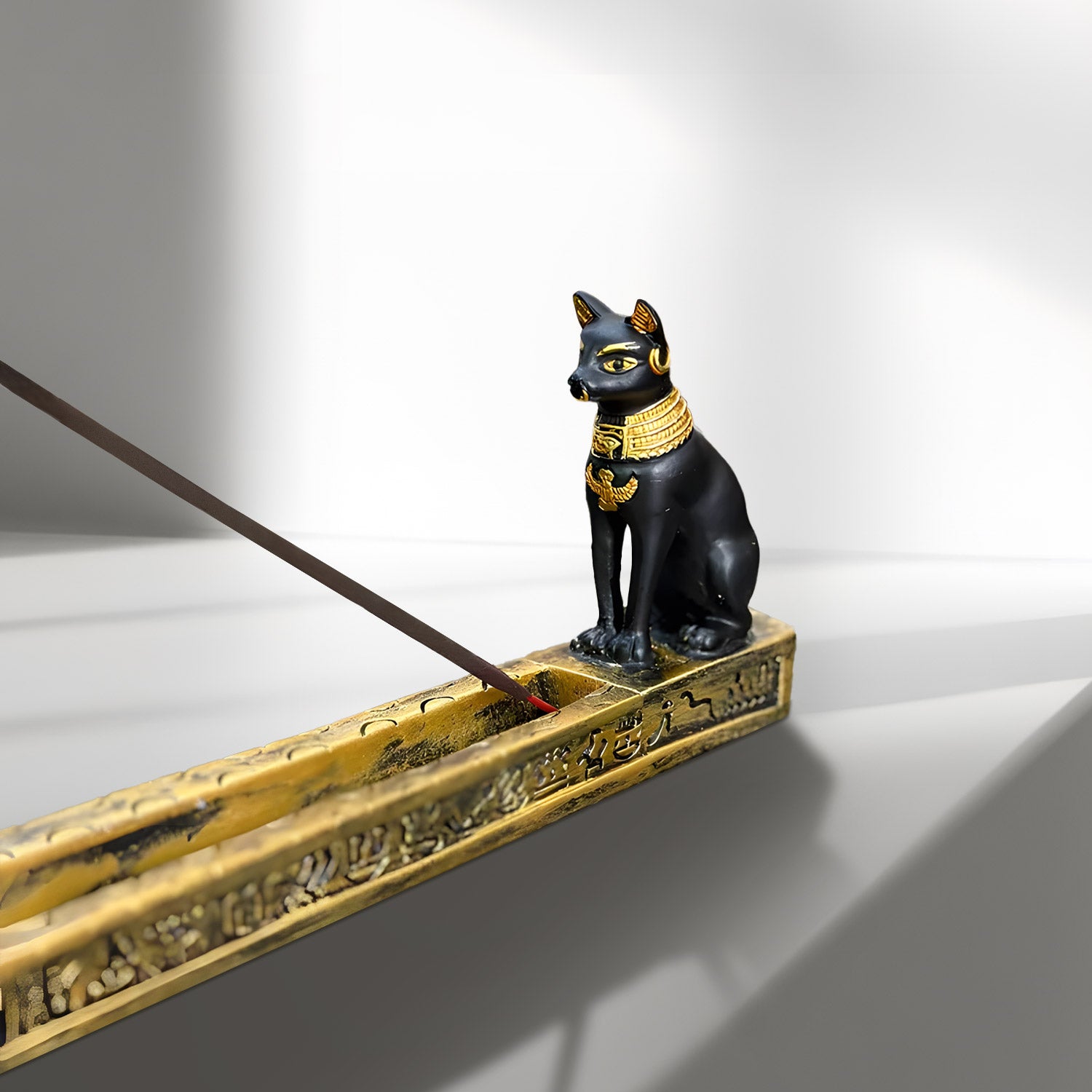 Ancient Egyptian Cat Goddess Bast Incense Holder with Hieroglyphic Base